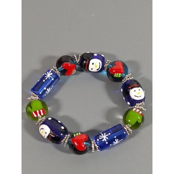 Winter Holiday Glass Stretch Bracelet Blue Green Red Heart Snowman Painted 6.5" - Picture 2 of 8